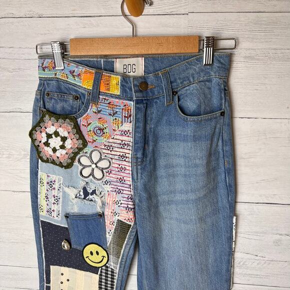 Urban Outfitters BDG Jeans Womens Size 24 Patchwork Flare Indigo Raw Hem Funky - Picture 6 of 16